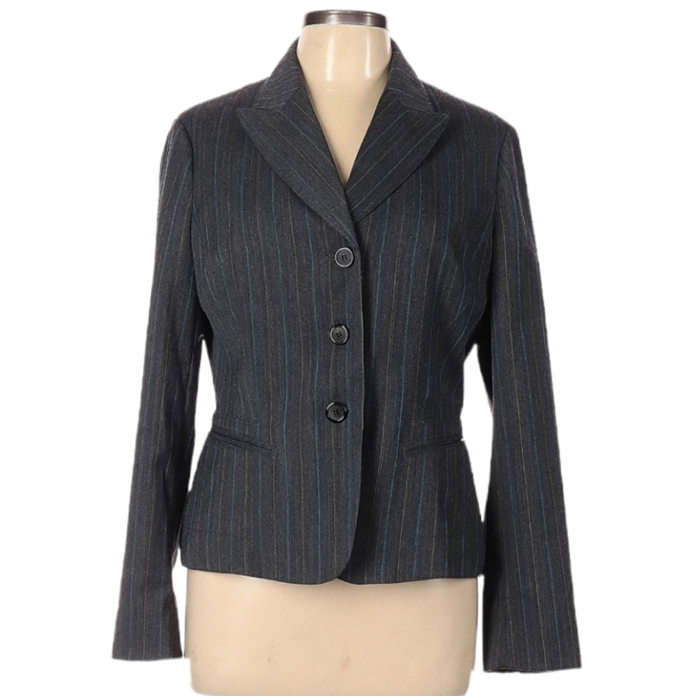 Nine West Blazer Size 10 Blue Pinstripe Wool Blend‎ 3 Button Work Career